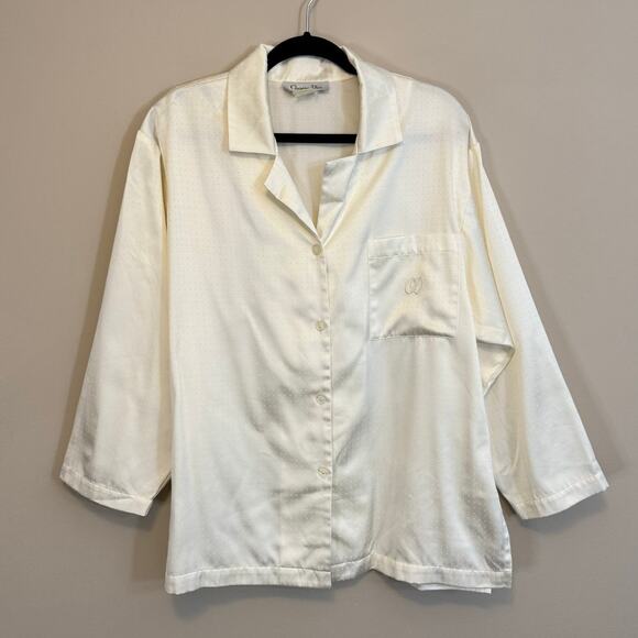 Vintage Christian Dior Designer Pajama Set WomenS/M Cream Satin Sleepwear Lounge - Picture 2 of 15